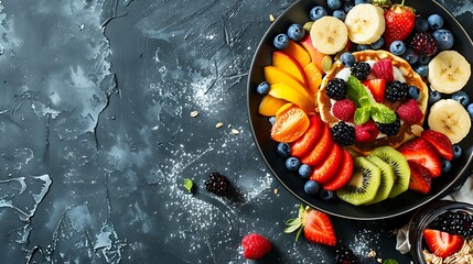 Pancakes with fresh berries and honey on a white plate