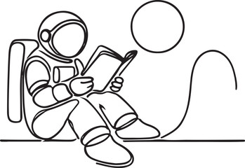 Astronaut Reading in Space Minimalist Line Art Illustration