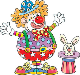 Obraz premium Funny red circus clown conjuring tricks with a magic hat and a white rabbit in a fun performance, vector cartoon illustration on a white background