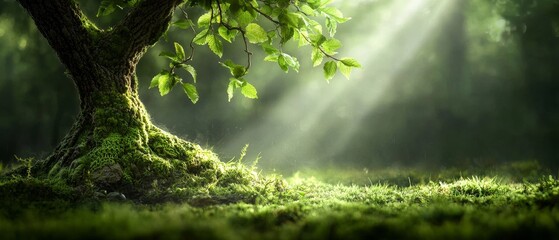 Fototapeta premium Serene Mossy Tree Base Sunlight in Forest Nature Scene