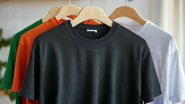 Display of colorful t-shirts hanging on wooden hangers in a bright indoor space