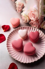 macarons en forme de coeur, avec des fleurs
