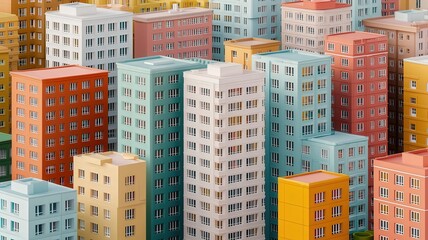 property loan and real estate concept. Colorful urban skyline featuring densely packed residential buildings in various hues.