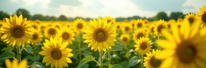 Fototapeta premium Bright yellow sunflower field with tall blooms, nature, flowers