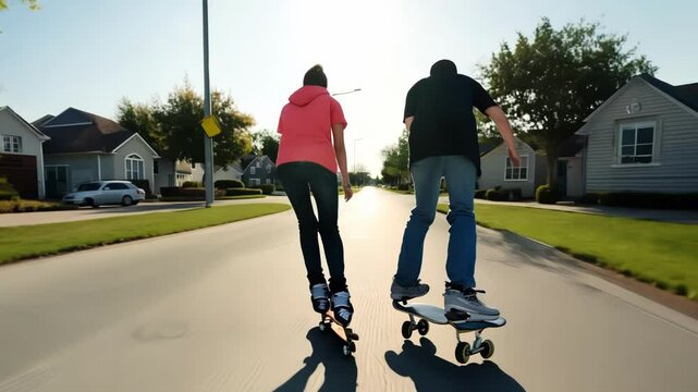 Two people roller-skating together on a sunlit suburban street. The carefree atmosphere highlights friendship, movement, and joy in an outdoor setting.