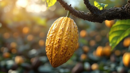 Ripe yellow cocoa pod hanging on tree branch.