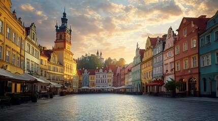 Fototapeta premium Colorful historic town square at sunset.
