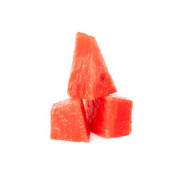 Watermelon pieces isolated. Water melon wedges pile, chopped Citrullus lanatus, red wassermelone cuts group