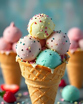 image d'un cornet de glace remplis de plusieurs boules de cr&egrave;me glac&eacute;e de diff&eacute;rents parfums