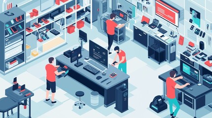 Obraz premium tech repair shop with friendly technicians fixing gadgets, neatly arranged tools