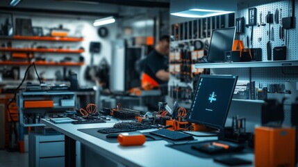 Fototapeta premium tech repair shop with friendly technicians fixing gadgets, neatly arranged tools