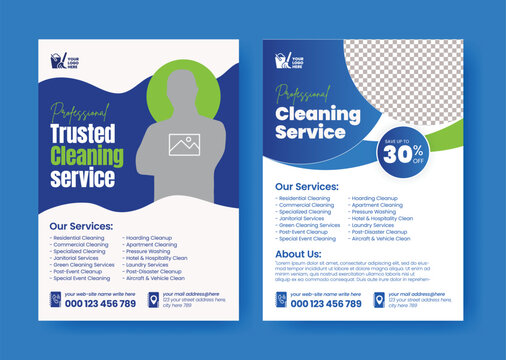 professional cleaning service editable flyer or poster, house cleaning flier, home service leaflet or brochure cover, pool, roof cleaning poster, office cleaning brochure commercial service flyer desi