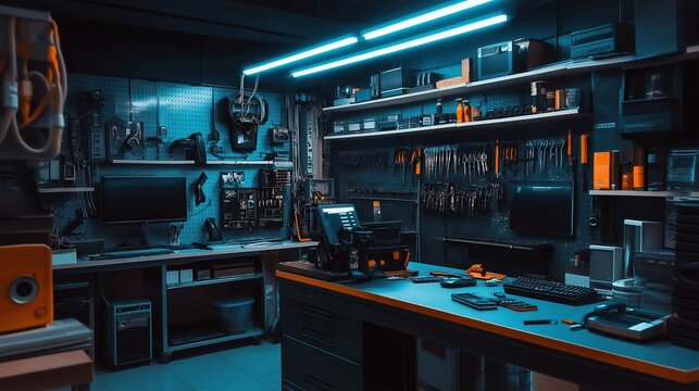 tech repair shop with friendly technicians fixing gadgets, neatly arranged tools