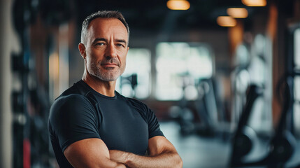 Obraz premium A middle-aged man with salt-and-pepper hair, dressed in workout gear, standing confidently in a gym setting, with fitness equipment visible in the background