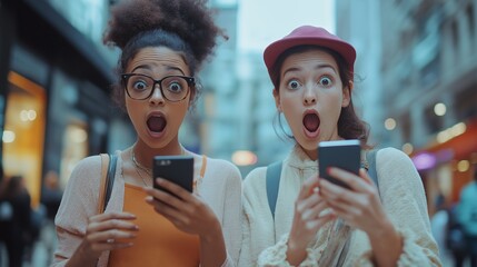 portrait of two amazed women finding on line content on their smart phones on the street