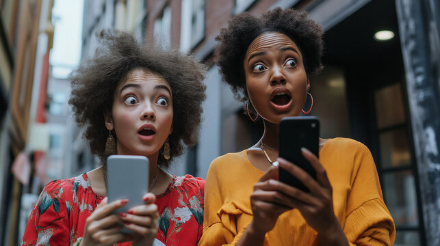 portrait of two amazed women finding on line content on their smart phones on the street