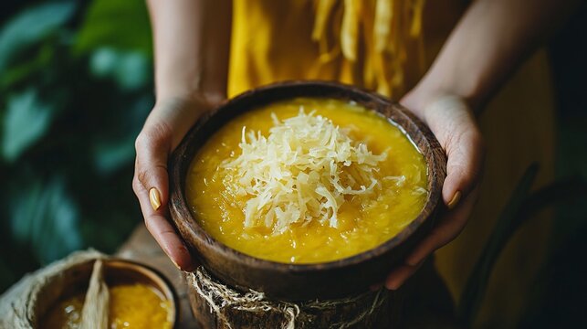 Woman's hands holding a wooden bowl of creamy yellow soup topped with grated cheese.