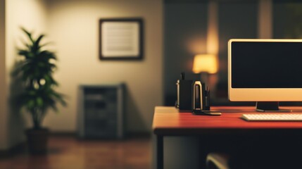 Evening Office Workspace: Desk Setup with Computer, Plant, and Warm Lighting