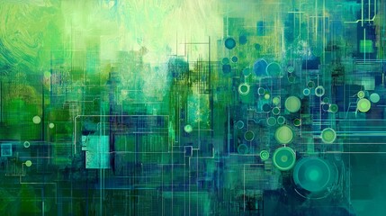 Obraz premium vibrant, abstract background representing the interconnected networks of technology, with glowing circuits and geometric patterns in shades of blue and green