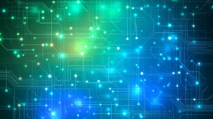 vibrant, abstract background representing the interconnected networks of technology, with glowing circuits and geometric patterns in shades of blue and green
