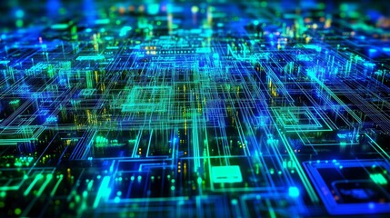 Obraz premium vibrant, abstract background representing the interconnected networks of technology, with glowing circuits and geometric patterns in shades of blue and green