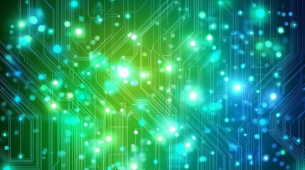 vibrant, abstract background representing the interconnected networks of technology, with glowing circuits and geometric patterns in shades of blue and green