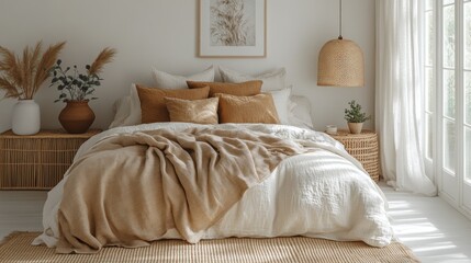 Cozy bedroom with linen bedding, neutral tones, and natural textures.