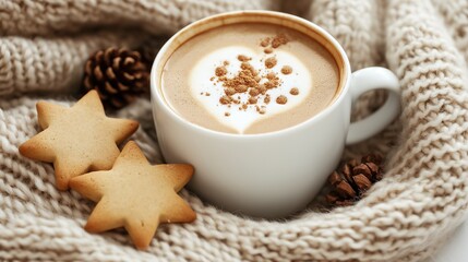 Winter cappuccino coffee in a white cup with star shaped christmas cookies