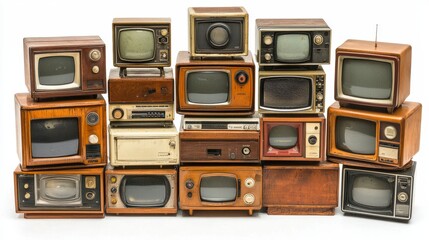 A unique collection of retro televisions meticulously arranged in front of a white backdrop,...