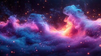 Abstract cosmic nebula with vibrant colors and glowing particles.