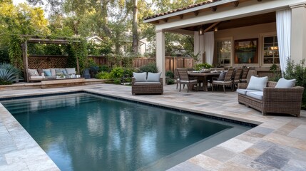 A large pool with a patio area and awning