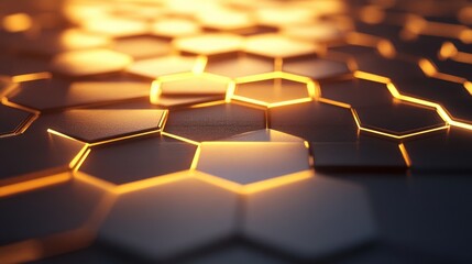 Obraz premium Abstract hexagonal metallic surface with warm light glow.
