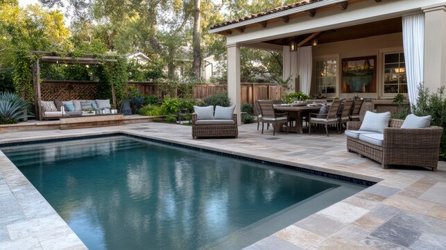 A large pool with a patio area and awning