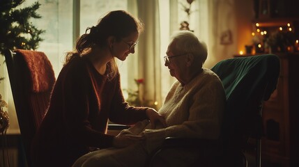 young and smilling home health aide assisting an elegant elderly person with daily activities