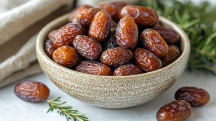 Fototapeta premium Bowl of fresh dates with rosemary sprigs.