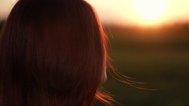 beautiful girl with red hair wind looking sunset, happy youth youth, girl face sunset look sky outdoors, ask faith prayer nature, girl red hair wind journey, close-up woman face, girl looking towards