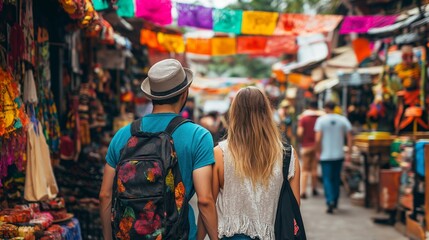 Obraz premium young couple in colorful, energetic street market with people shopping for handmade goods, tasting street food, and enjoying local culture
