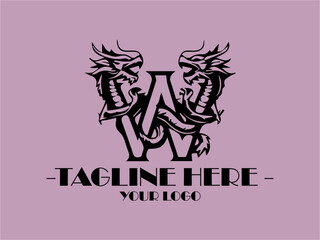 Black dragon creating letter W on lavender background. Suitable for fantasythemed designs, logos, or products related to mythical creatures or alphabets