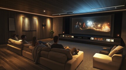 couple modern home theater setup with friends enjoying a movie