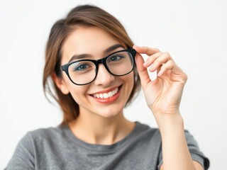 Fototapeta premium Young woman trying on glasses on white background 
