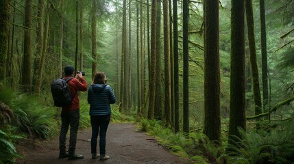 Fototapeta premium young couple, peaceful forest walk with people taking photos of wildlife,animals