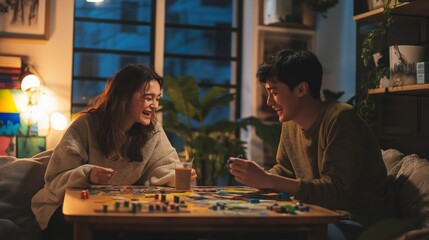 Fototapeta premium young couple playing board games, laughing, and sipping coffee, with soft lighting and comfy furniture