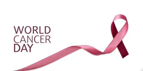 World Cancer Day text pink awareness ribbon 3D lettering  minimalist design