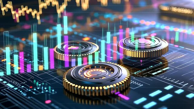 Digital gears and financial growth charts for process optimization, illustrating business efficiency, data-driven strategy, financial performance, workflow improvement and corporate innovation.