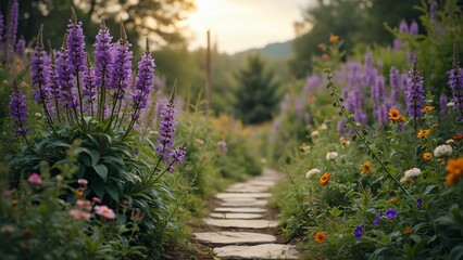 Fototapeta premium Serene Garden Path with Vibrant Purple Blooms and Wildflowers, Lush Green Foliage, Dappled Sunlight, Weathered Stone Pathway
