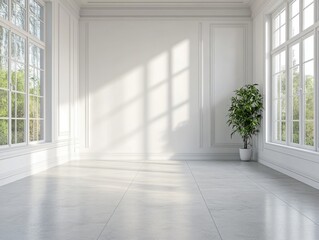 Obraz premium A large empty room with a white wall and a potted plant. The room is very clean and has a lot of windows