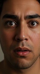 Obraz premium Close up of Hispanic Man face, Surprise Surprised, Shock Shocked Expression, Zoom In, Zoomed Portrait