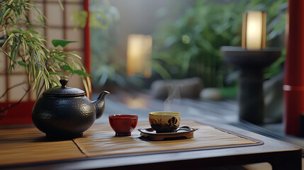 A tea set is on a table with a red and white bowl and a black teapot. generated using AI