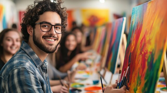 young man with fun group of people participating in a paint-and-sip night