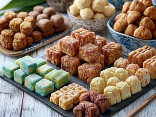 korean sweets, nuts and fruits on display. different colors and shapes of korean traditional desserts